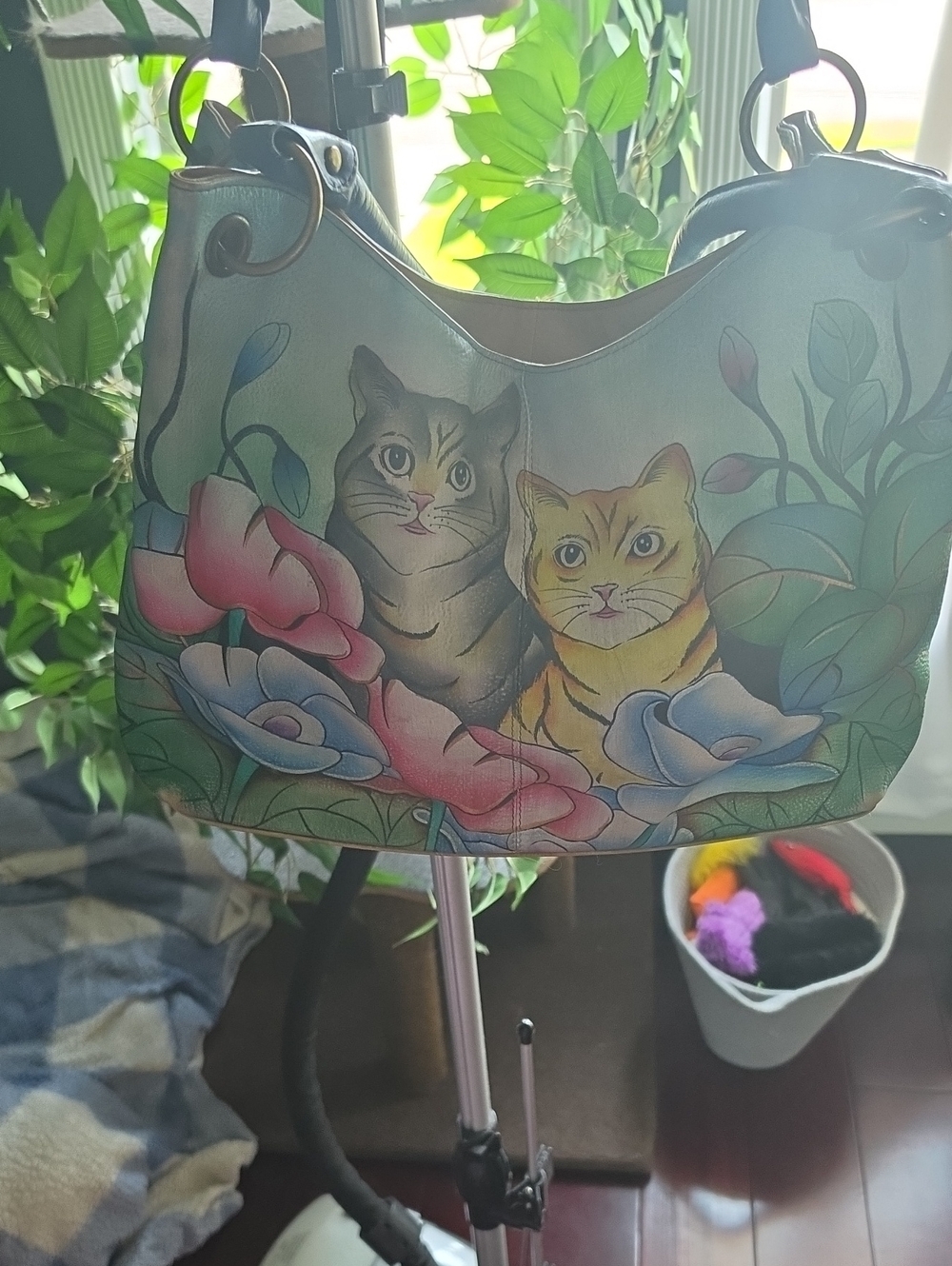 Anuschka Hand Painted Leather Hobo Bag Cats Floral Blue Green 22992